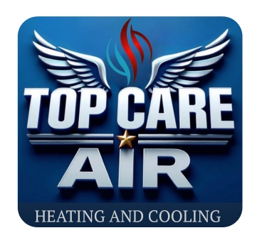 Logo for "Top Care Air" featuring a winged design and a star, with the text "Heating and Cooling" below, set against a blue background.