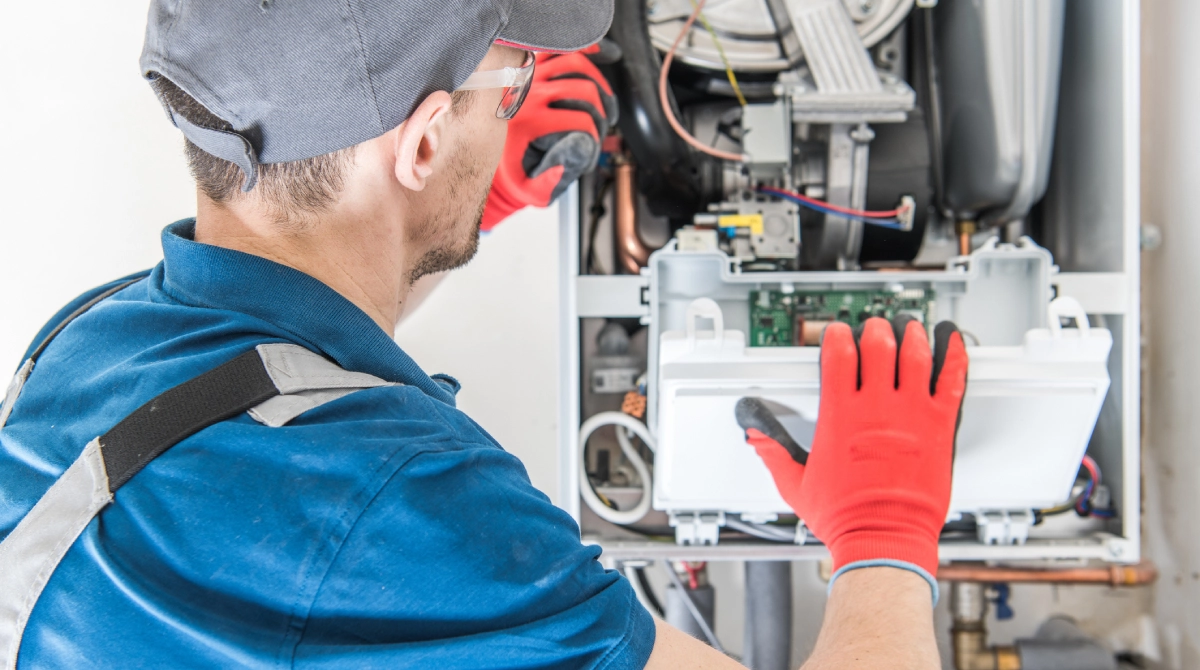 The technician in red gloves and cap meticulously inspects the HVAC system, examining internal components with the precision of someone deeply versed in HVAC installation services.