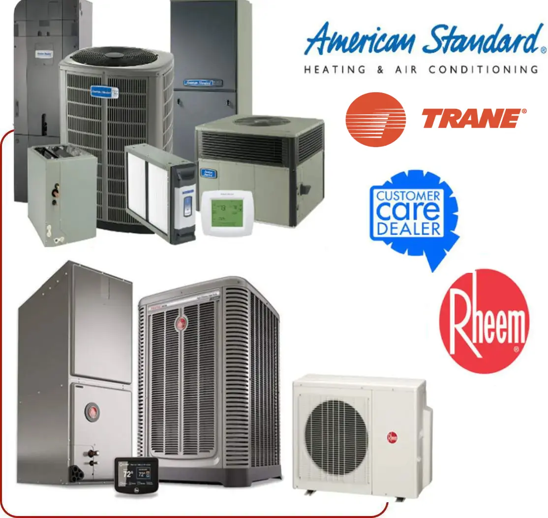 A picture of some air conditioning units and the logos for american standard, trane, rheem, trane.